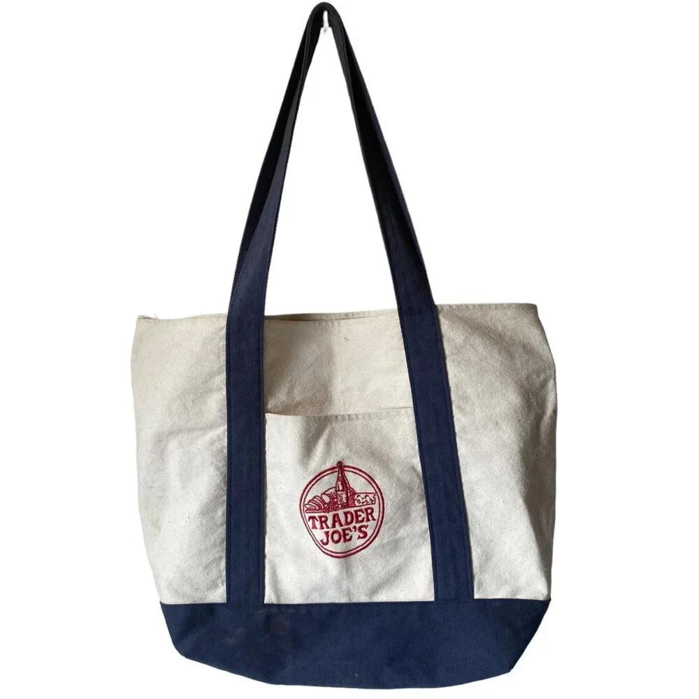 Trader Joe's large embroidered canvas shopping bag blue white stained pockets